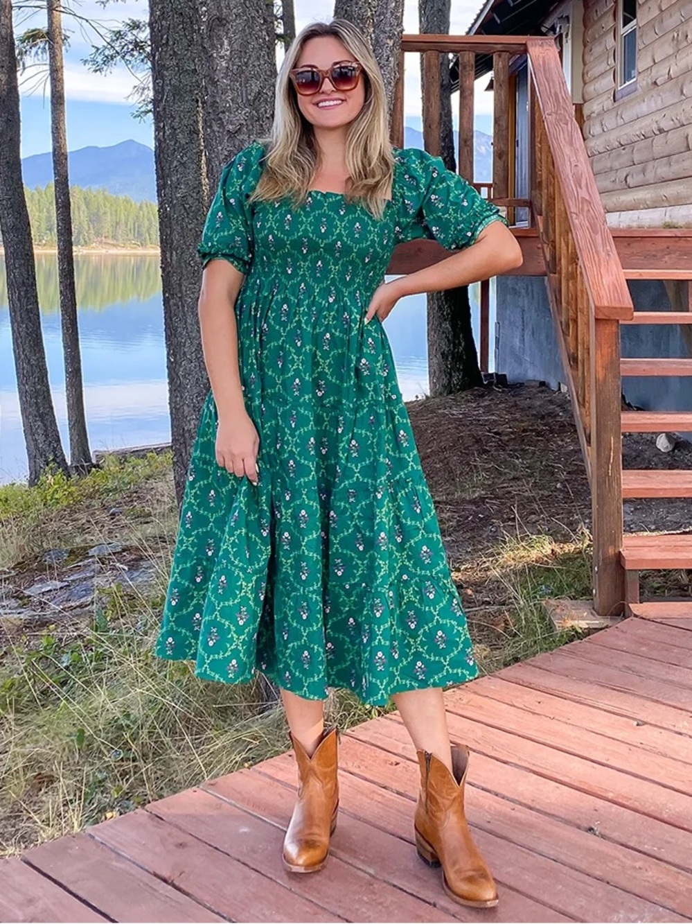 Hill House Nesli Nap Dress Dress in Emerald Trellis XS